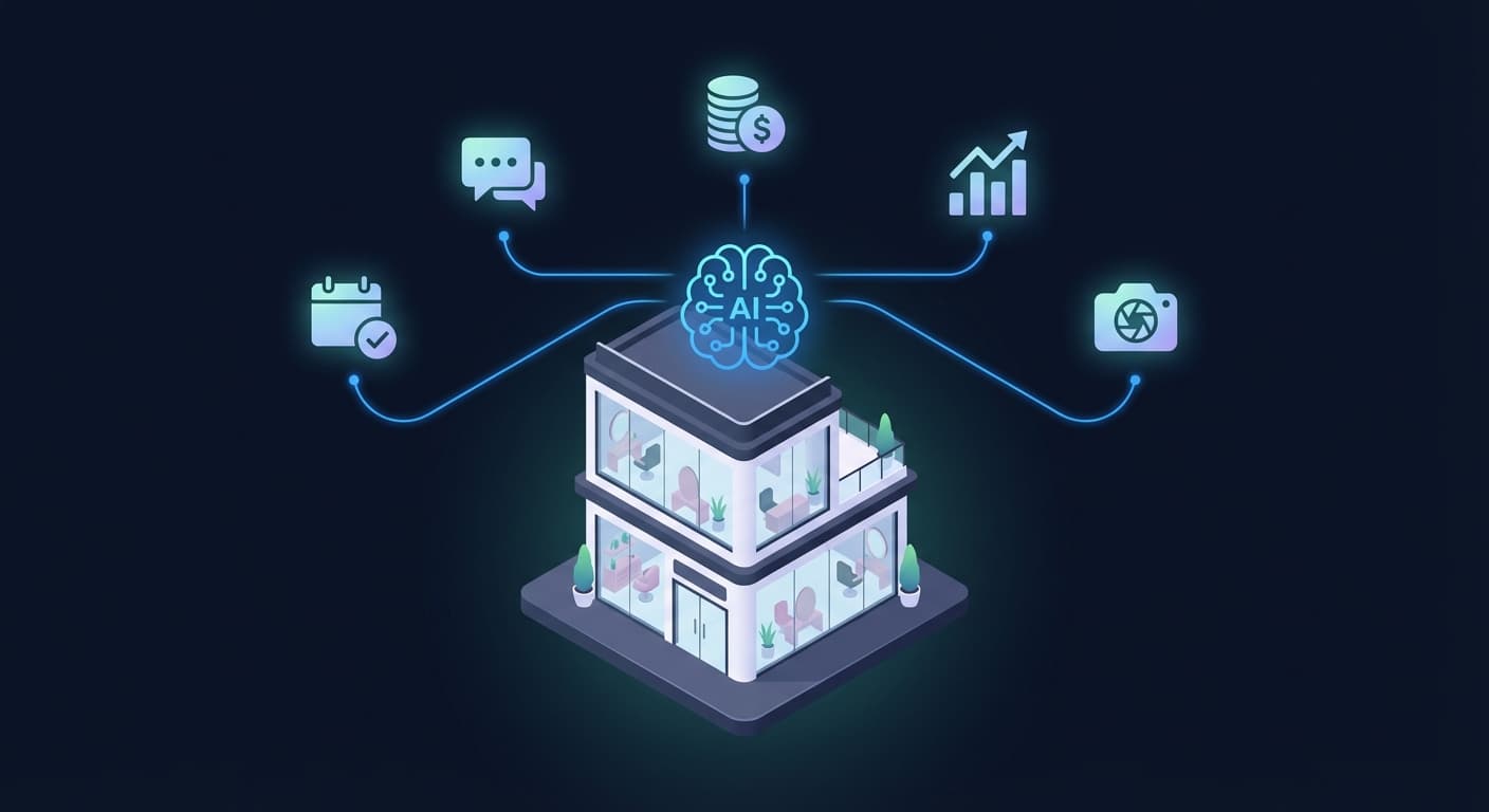 AI がサロン店舗の各業務と繋がるアイソメトリックイラスト