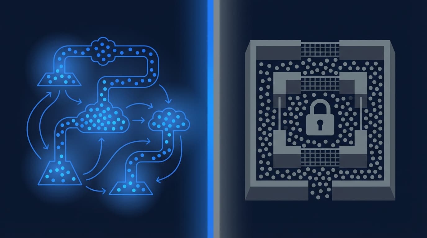 データの自由な流れとロックされたデータの対比イラスト