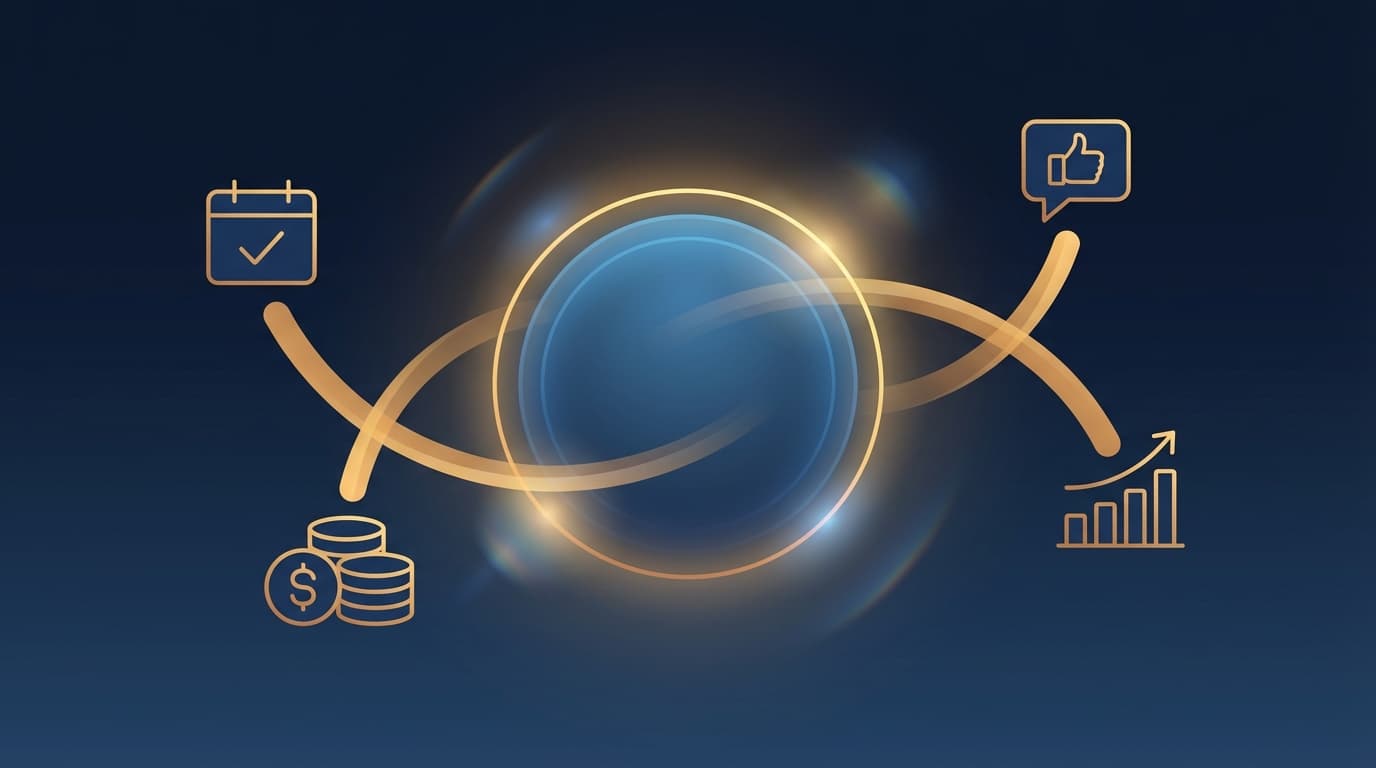 未来のサロン経営を象徴するオーブとビジネスアイコン