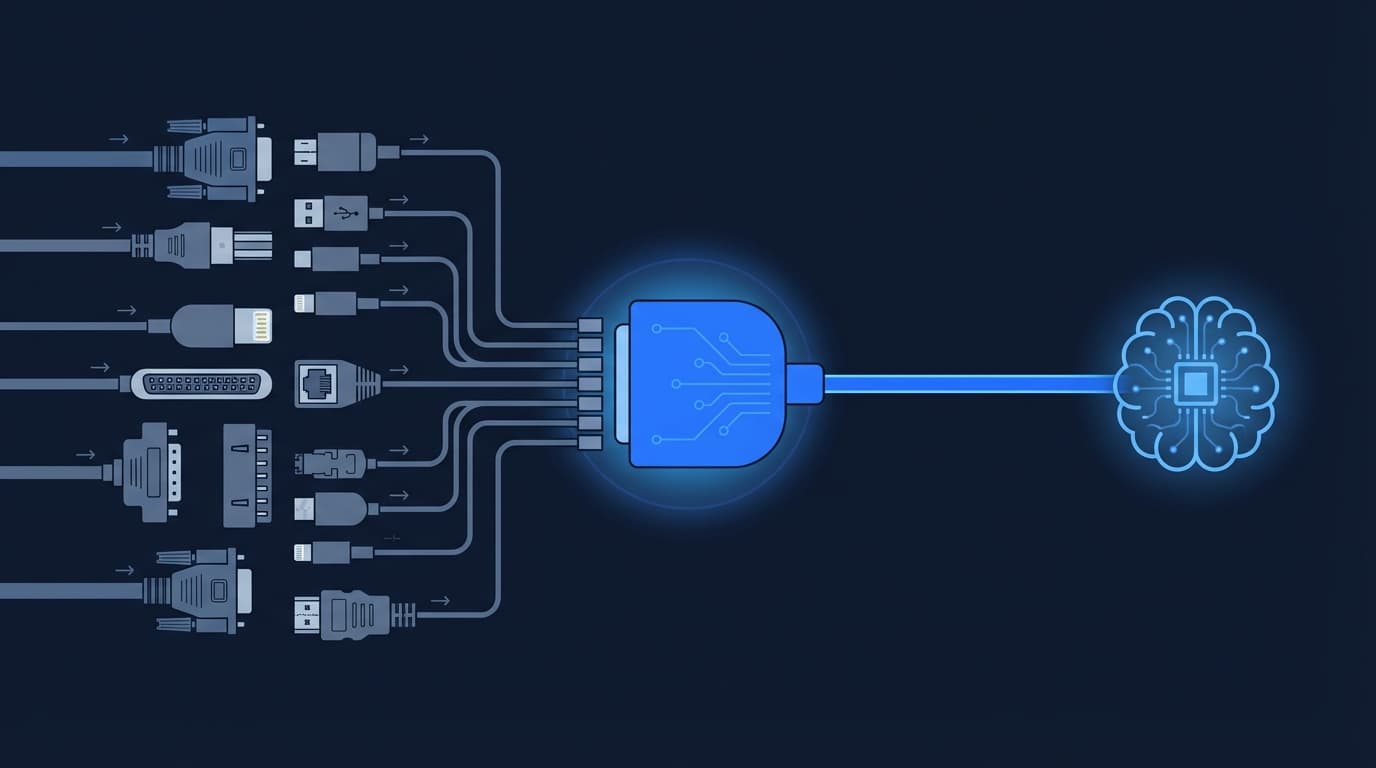 様々なコネクタが 1 つの統一規格に収束し AI に接続するイラスト