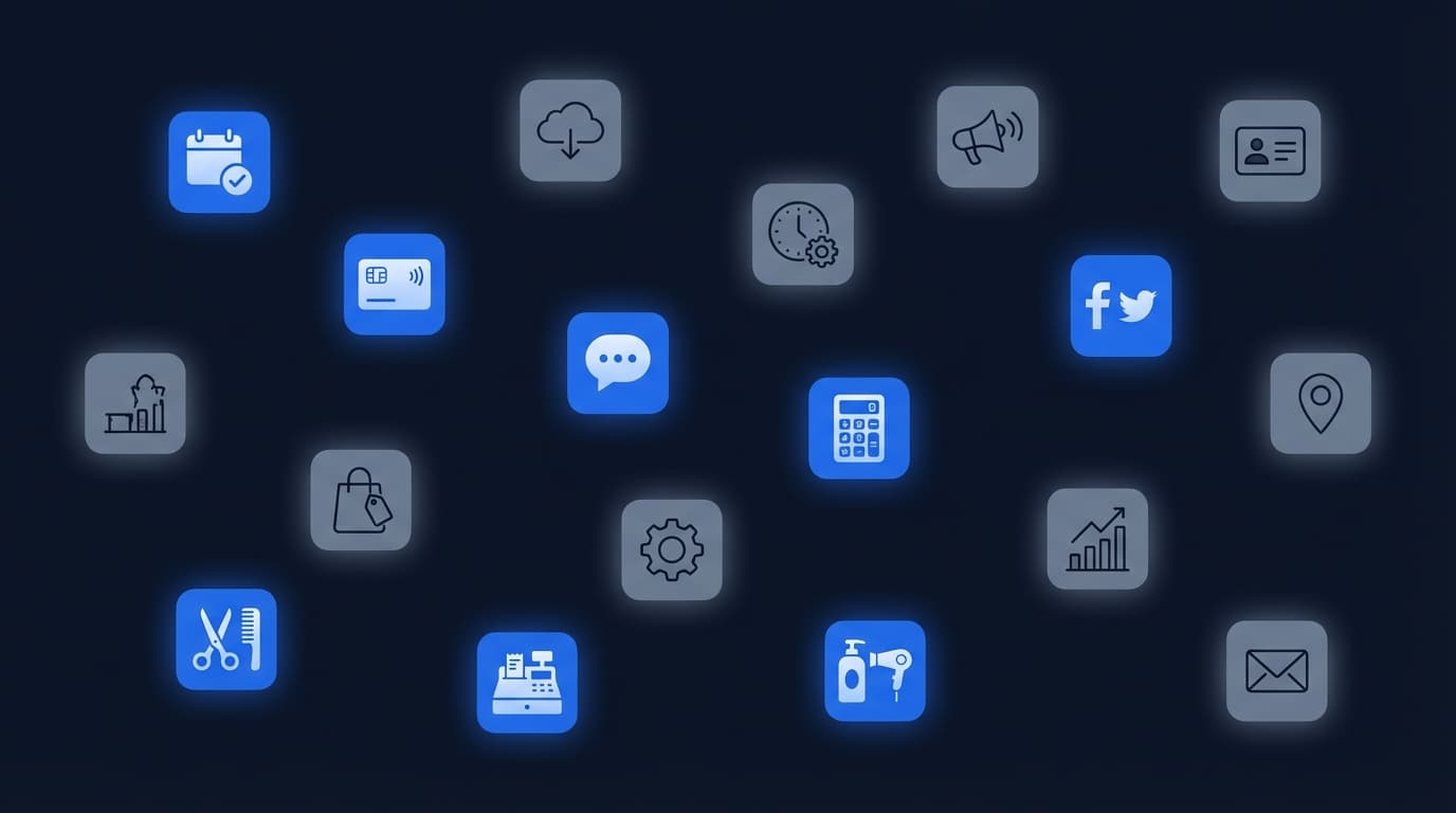バラバラに散らばったサロン業務システムのアイコン群