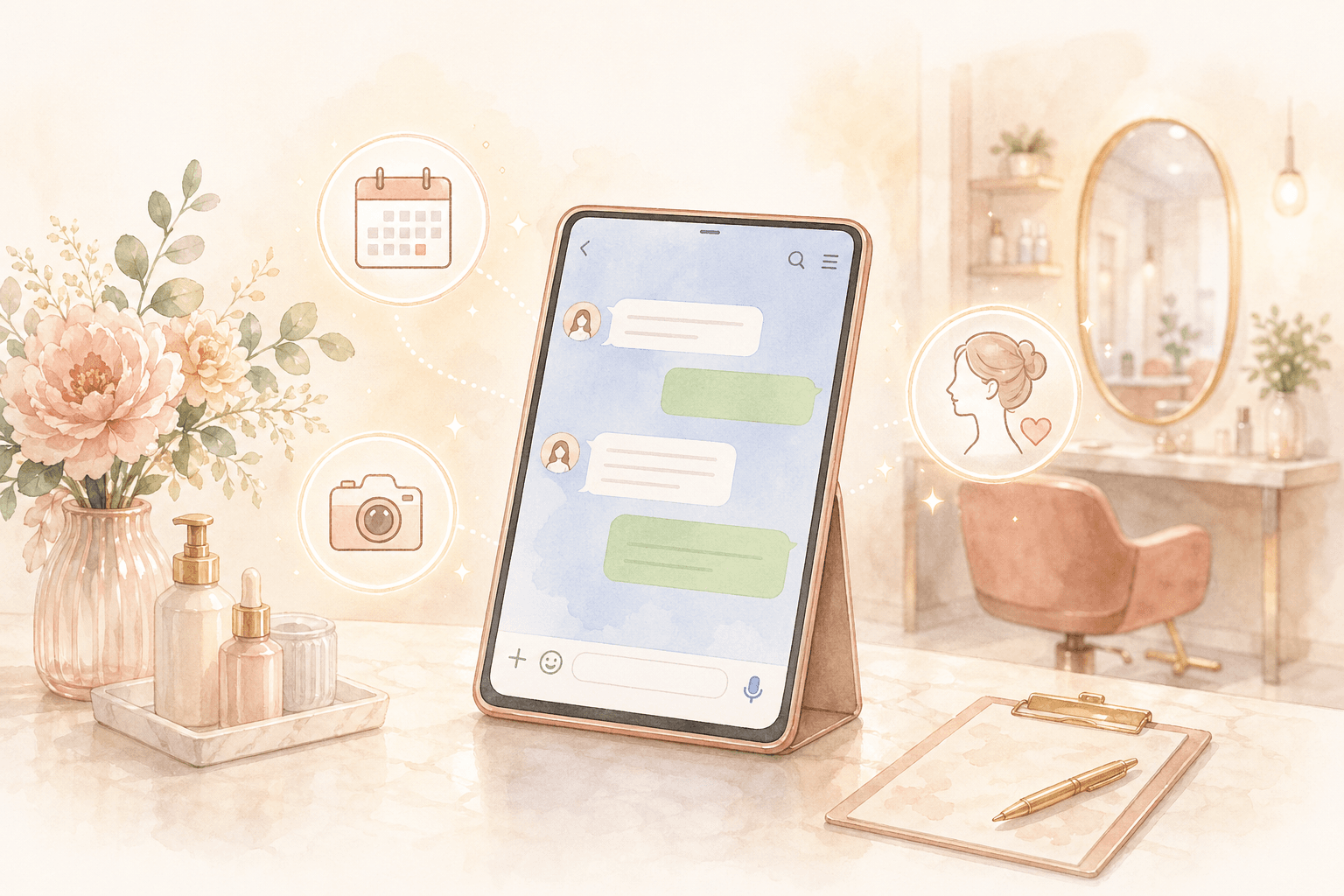サロンカウンターに置かれたタブレットに LINE チャットが表示されているイラスト