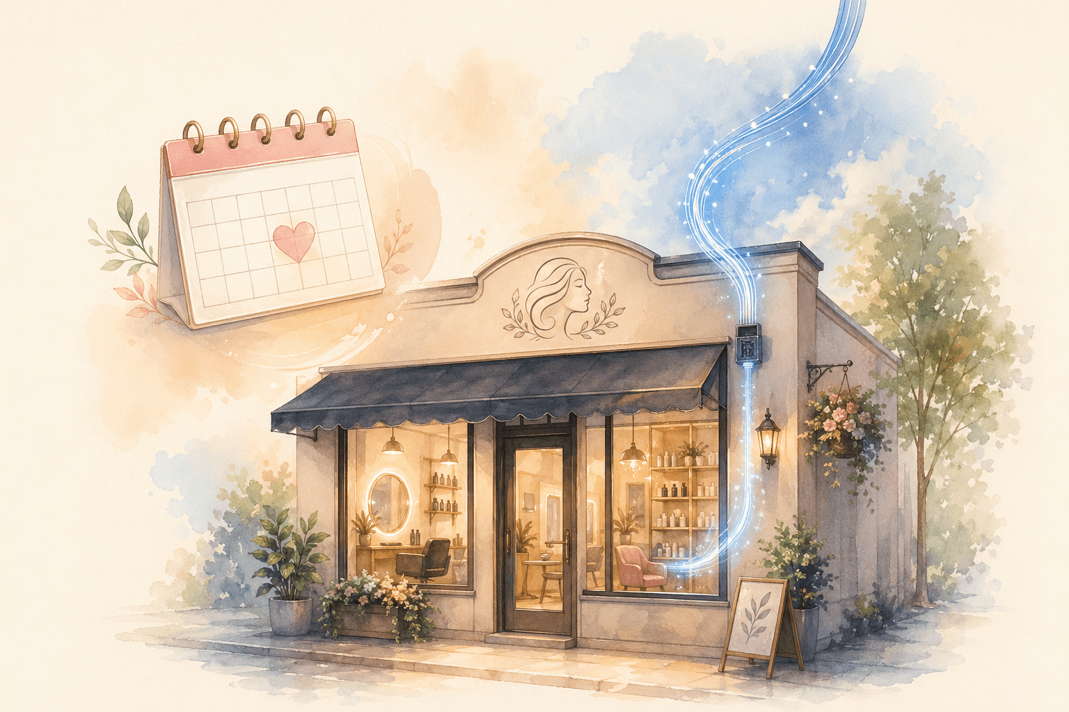 サロン店舗に光回線が引き込まれるイラスト