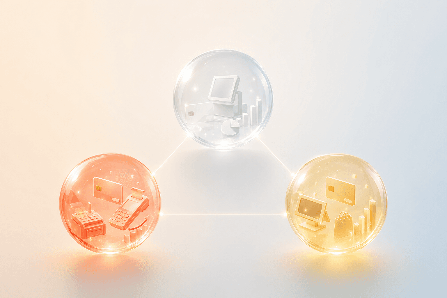 Airペイ・Square・STORES の 3 大エコシステムを表す 3 つのガラスオーブ