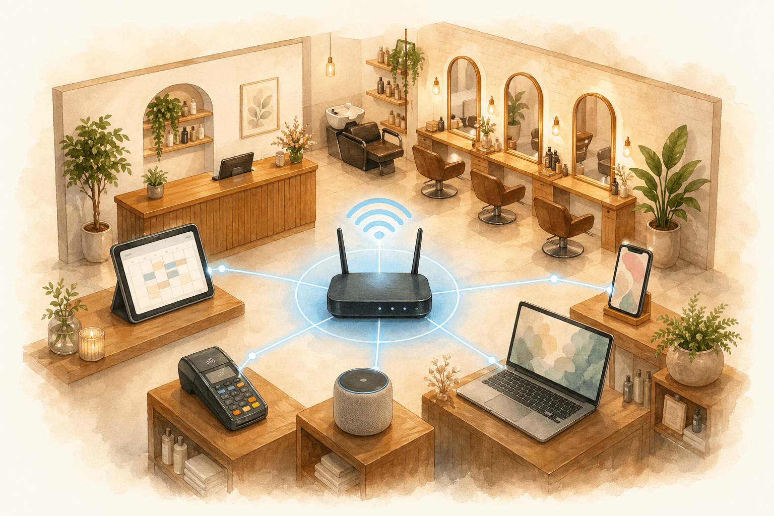 サロン内の Wi-Fi ルーターと各デバイスがネットワークで繋がるアイソメトリック図