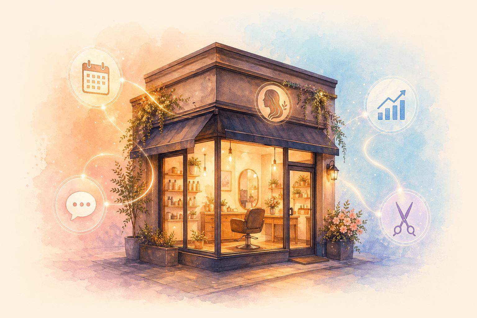 AI の光に包まれた小さなサロン店舗のイラスト