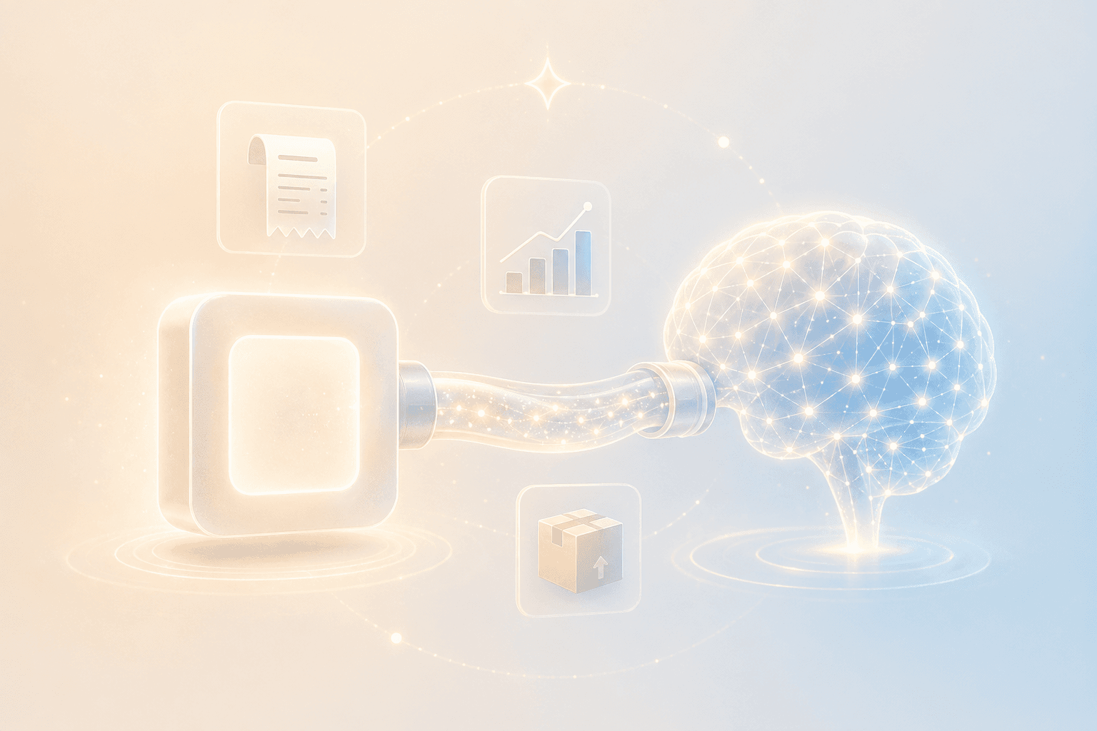 正方形のシンボルから AI の脳に MCP パイプでデータが流れるイラスト