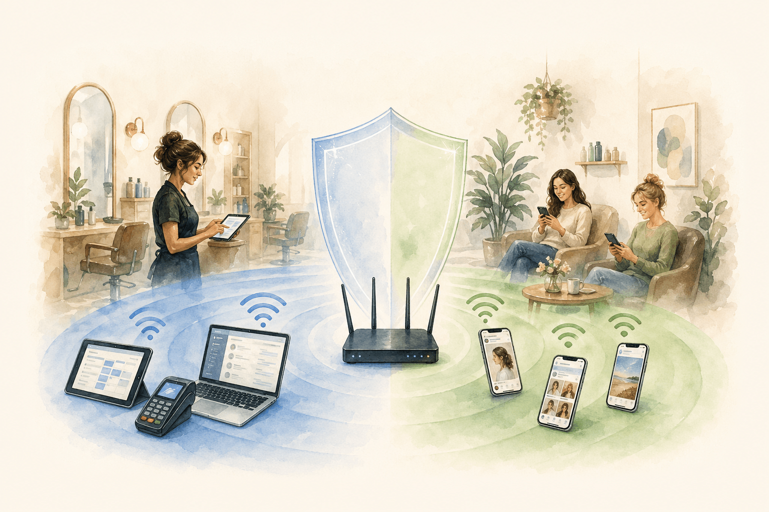 Wi-Fi ルーターからスタッフ用（青）とゲスト用（緑）の 2 つのネットワークが分離するイラスト